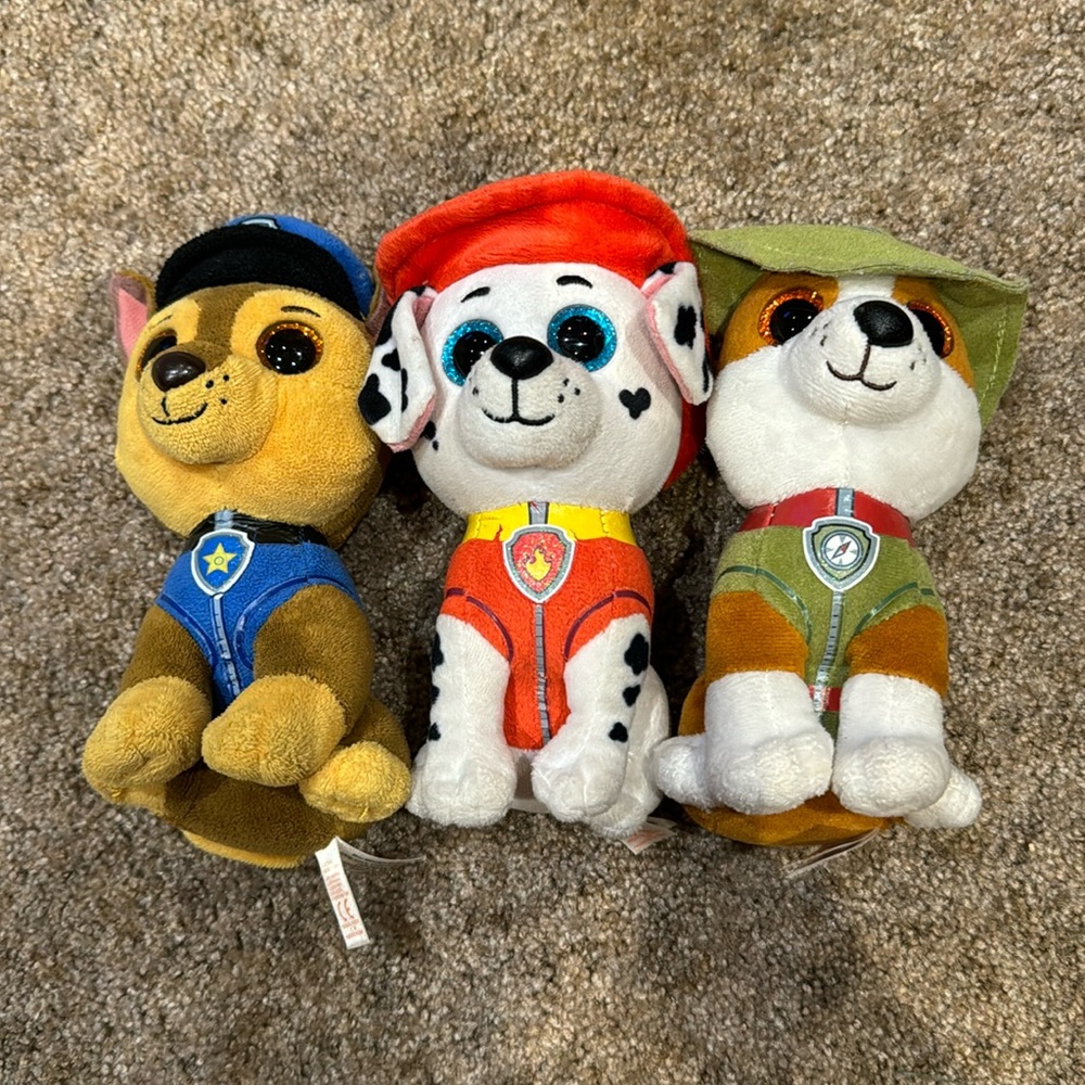 TY Paw Patrol Beanie Boos 6" - set of 3 - Marshall, Chase, Rocky. Pre-Owned.